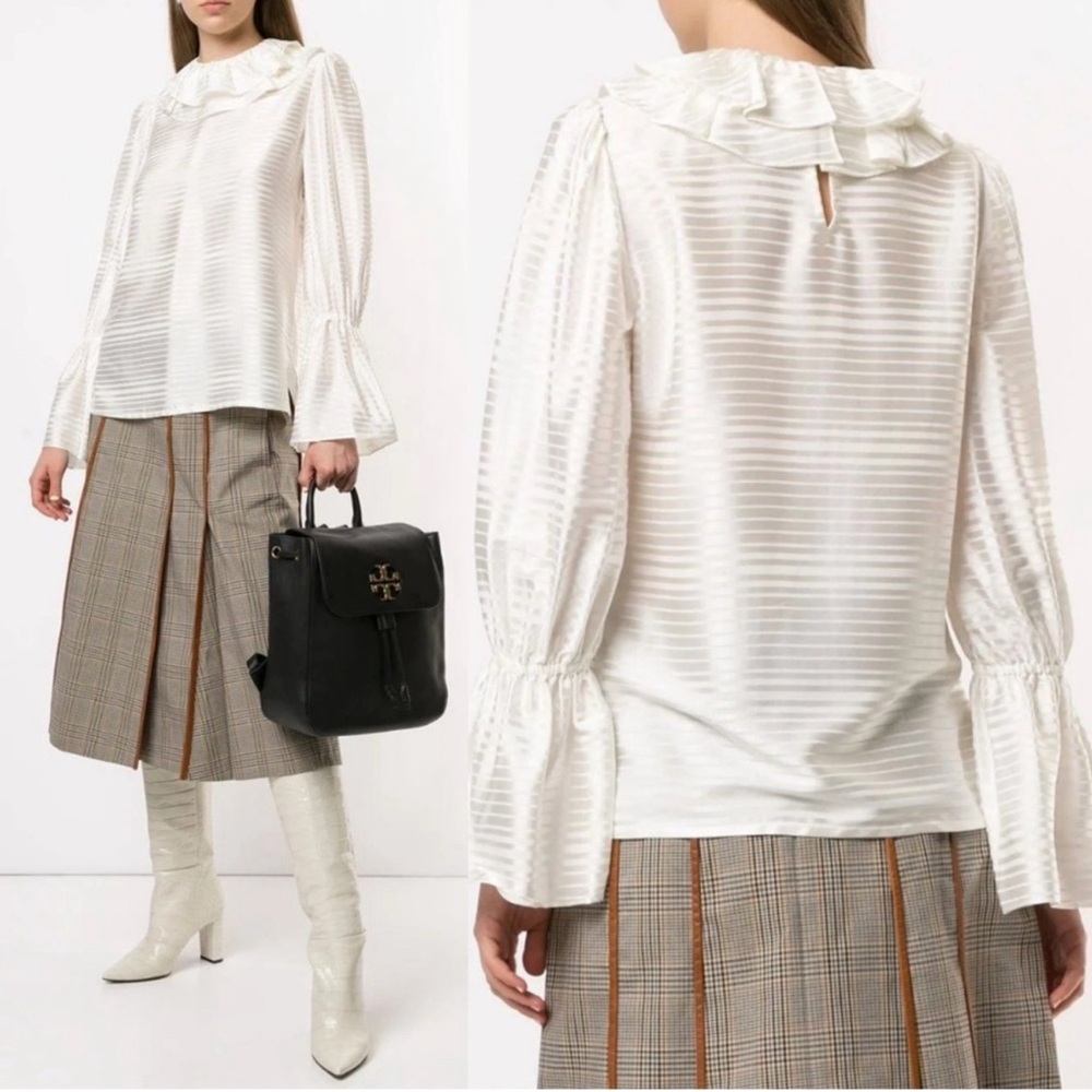 Tory Burch Silk Blend Tonal Ivory Striped Blouse